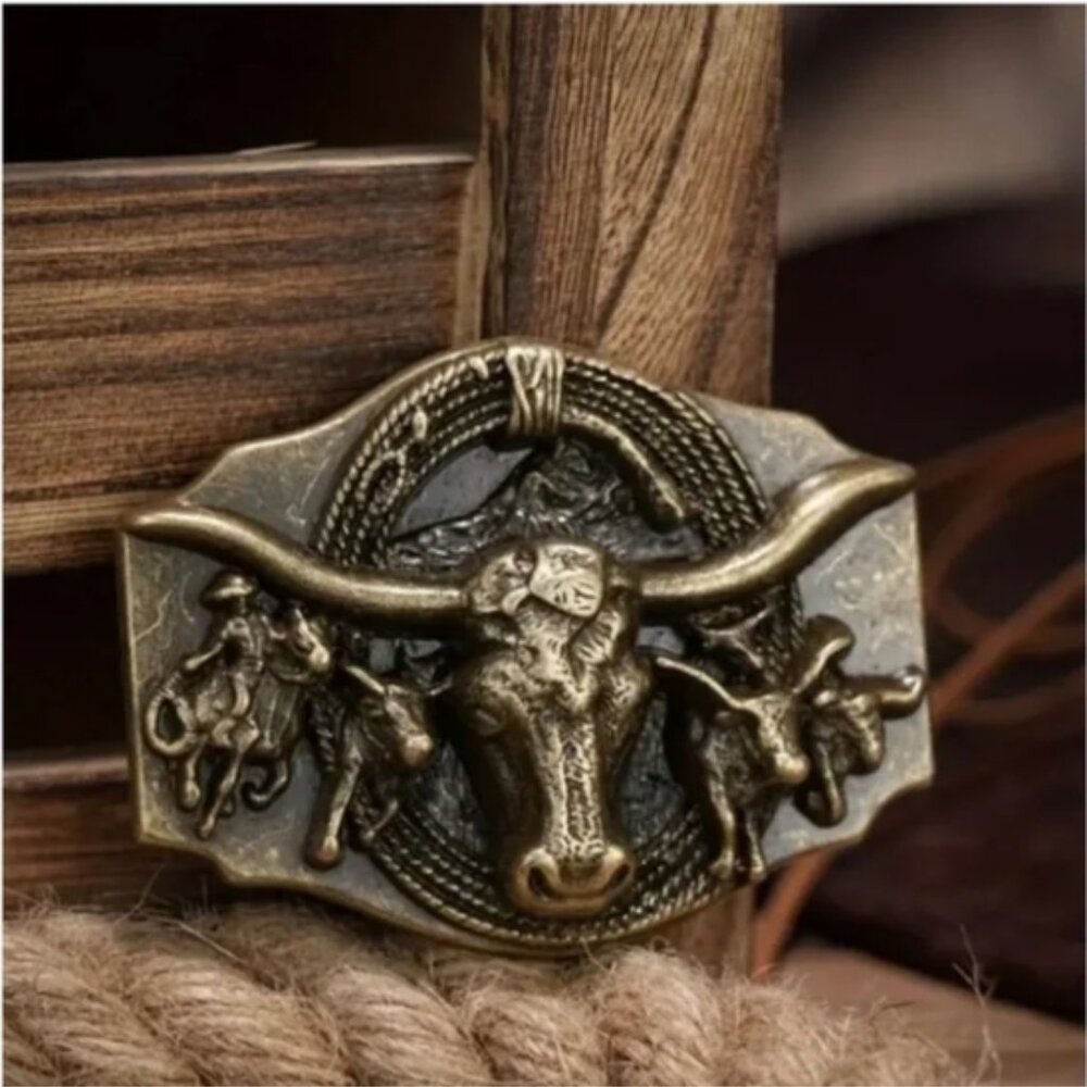 Cowboy Longhorn Cattle Stampede Gold Tone Western Belt Buckle NWT